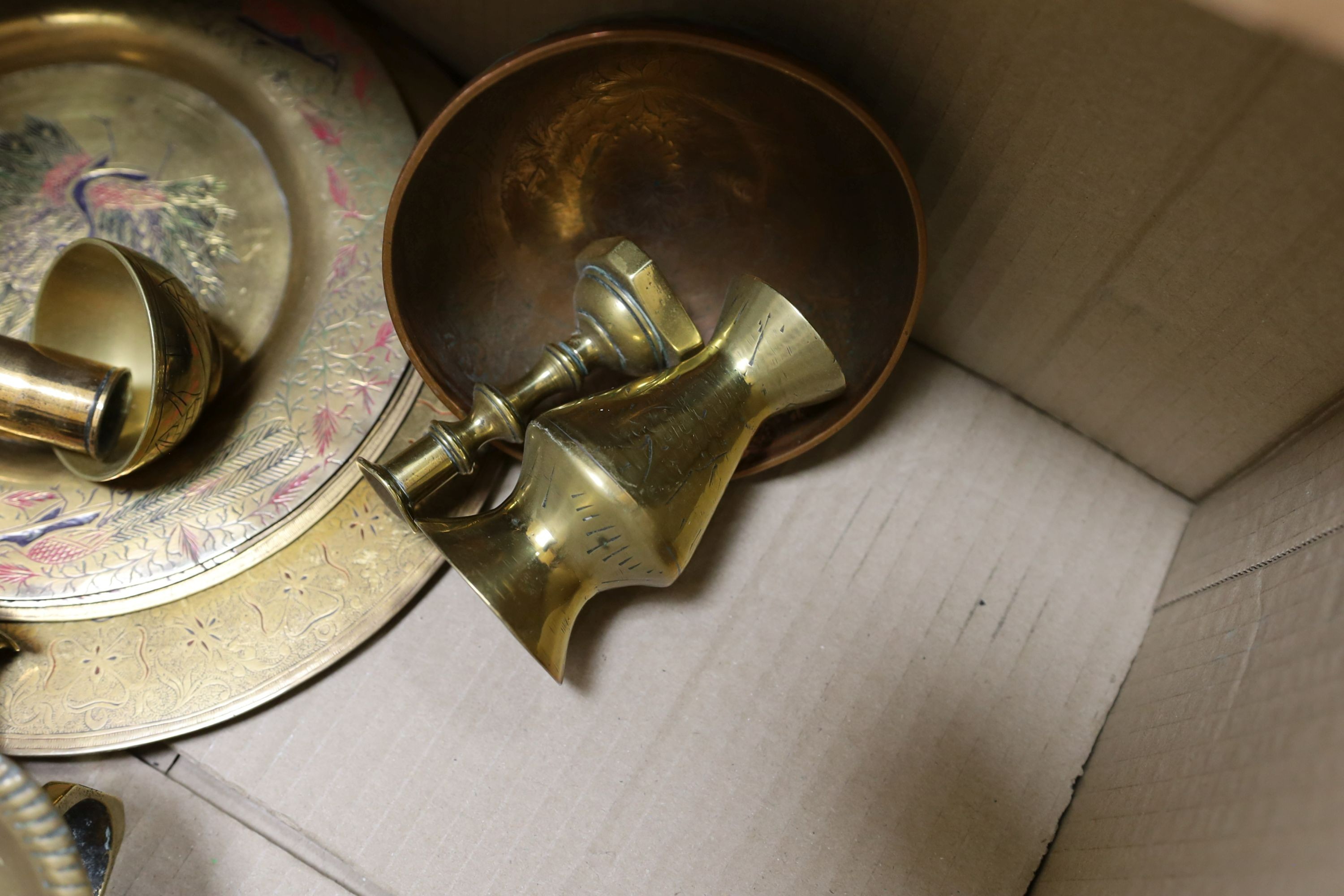 A group of assorted metalware including Indian and Persian trays